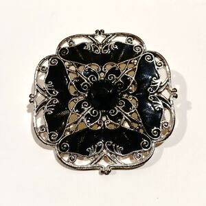 Vintage Black and Silvertone Brooch